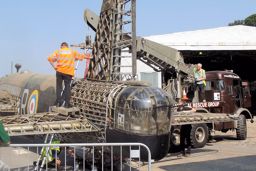 lifting Wellington Bomber R for Robert at Brooklands Museum